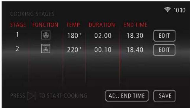 COOKING STAGES STAGE FUNCTION TEMP DURATION END TIME 1 180° 02.00 18.30 EDIT 2 220° 00.10 18.40 EDIT PRESS TO START COOKING ADJ. END TIME SAVE