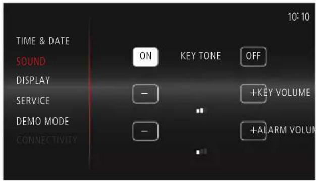 TIME & DATE SOUND ON KEY TONE OFF DISPLAY SERVICE - +KEY VOLUME DEMO MODE - CONNECTIVITY - +ALARM VOLUME 10:10