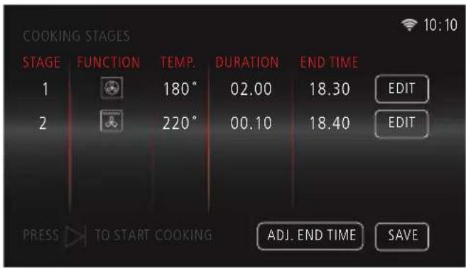 COOKING STAGES STAGE FUNCTION TEMP. DURATION END TIME 1 180° 02.00 18.30 EDIT 2 220° 00.10 18.40 EDIT PRESS TO START COOKING ADJ. END TIME SAVE