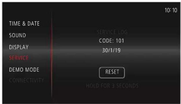 TIME & DATE SOUND DISPLAY SERVICE DEMO MODE CONNECTIVITY SERVICE LOG CODE: 101 30/1/19 RESET HOLD FOR 3 SECONDS 10:10
