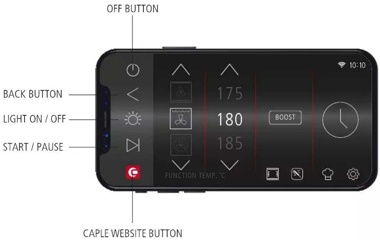 OFF BUTTON BACK BUTTON LIGHT ON / OFF START / PAUSE CAPLE WEBSITE BUTTON 175 180 185 FUNCTION TEMP. °C BOOST 10:10