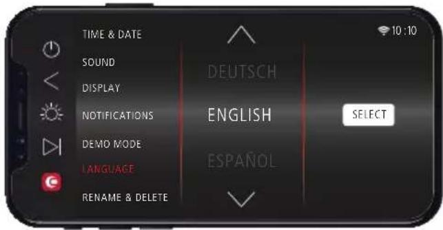TIME & DATE SOUND DISPLAY NOTIFICATIONS DEUTSCH ENGLISH SELECT DEMO MODE LANGUAGE ESPAÑOL RENAME & DELETE
