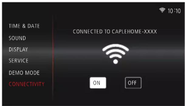 TIME & DATE SOUND DISPLAY SERVICE DEMO MODE CONNECTIVITY CONNECTED TO CAPLEHOME-XXXX ON OFF