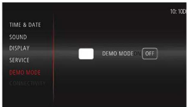 TIME & DATE SOUND DISPLAY SERVICE DEMO MODE CONNECTIVITY 10: 10D DEMO MODEON OFF