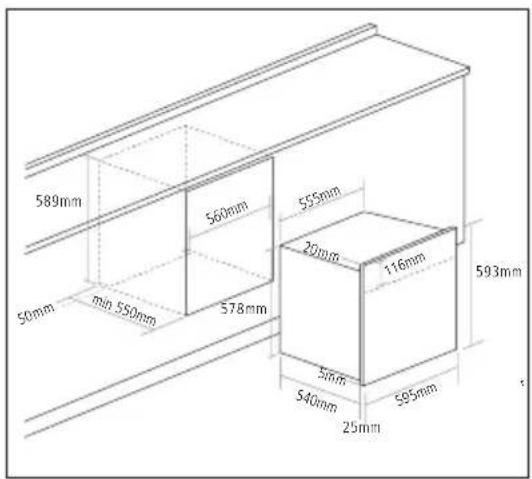 589mm 560mm 555mm 20mm 116mm 593mm 578mm min 550mm 540mm 595mm 25mm