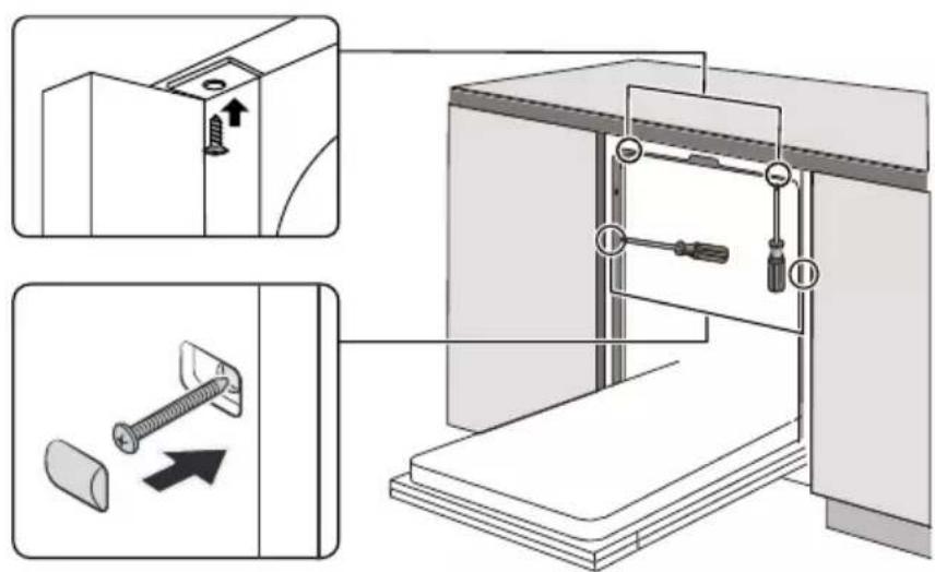 Technical diagram showing assembly steps of a mechanical device with screw fasteners and mounting components, including directional arrows.