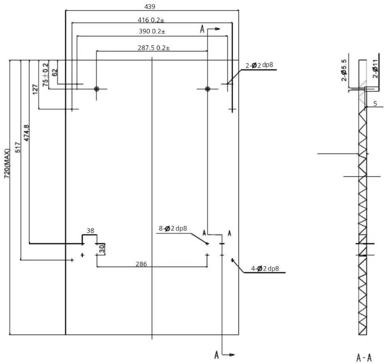 439 416 0.2± 390 0.2± A 287.5 0.2± 720(MAX) 127 75±0.2 62 474.8 517 38 30 286 8-Ø2 dp8 A A 2-Ø2 dp8 2-Ø5.5 2-Ø11 5 4-Ø2 dp8 A-A A-A