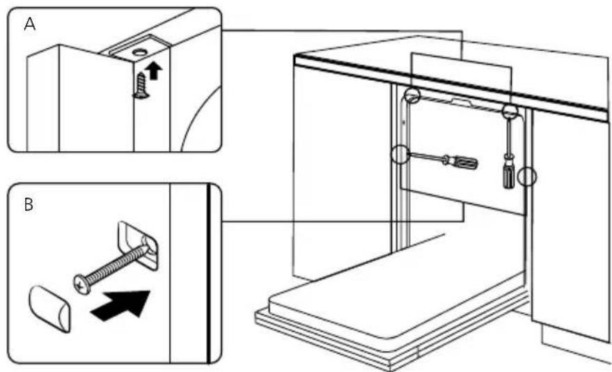 Technical diagram showing two mechanical assembly steps (A and B) with screw fasteners and a sliding mechanism inside a cabinet.