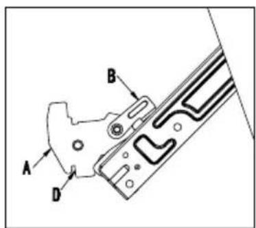 Technical diagram of a mechanical component with labeled parts A, B, and D