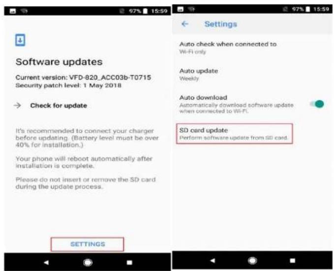 Settings Auto check when connected to Wi-Fi only Auto update Weekly Auto download Automatically download software update when connected to Wi-Fi. SD card update Perform software update from SD card Settings