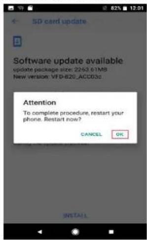 5D card update Software update available update package size: 2253.61MB New version: VFD-820_ACC03c Attention To complete procedure, restart your phone. Restart now? CANCEL OK INSTALL
