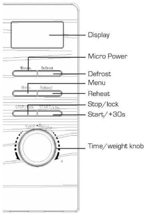 Display Micro Power Defrost Menu Reheat Stop/lock Start/+30s Time/weight knob +