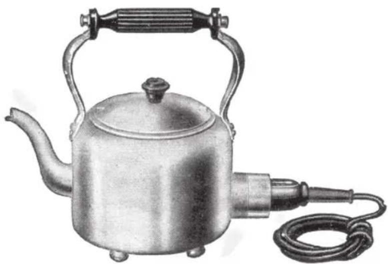 Vintage metal kettle with attached cable and handle, no visible text or symbols