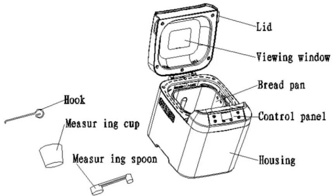 Lid Viewing window Bread pan Control panel Housing Hook Measuring cup Measuring spoon