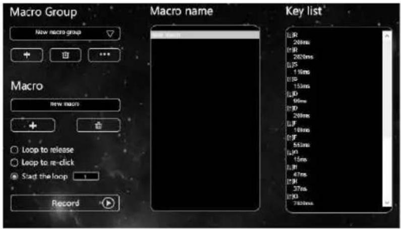 Macro Group New macro group Macro New macro Loop to release Loop to re-click Start the loop Record Macro name New macro Key list LR 20ms LR 280ms LFS 1.16ms LR 153ms LFD 40ms LR 200ms LIF 100ms LIF 553ms LR 15ms LR 47ms LR 37ms LR 780ms