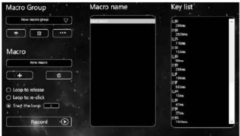 Macro Group New macro group Macro NEW MACRO Loop to release Loop to re-click Start the loop Record Macro name New MACRO Key list LR 20ms LR 200ms LS 15ms LS 150ms LD 90ms LD 200ms LF 100ms IF 550ms IF3 15ms IF1 47ms IF8 37ms IF3 740ms