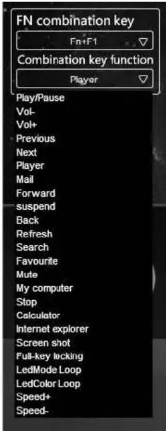 FN combination key Fn+F1 Combination key function Player Play/Pause Vol- Vol+ Previous Next Player Mail Forward suspend Back Refresh Search Favourite Mute My computer Stop Calculator Internet explorer Screen shot Full-key locking LedMode Loop LedColor Loop Speed+ Speed-