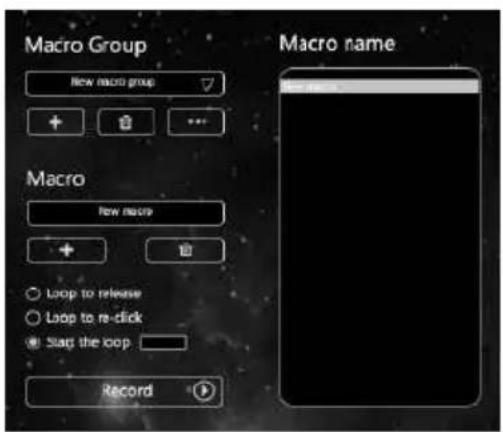 Macro Group New macro group Macro New macro + Loop to release Loop to re-dick Sag the loop Record Macro name New macro