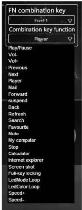 FN combination key Fn+F1 Combination key function Player Play/Pause Vol- Vol+ Previous Next Player Mail Forward suspend Back Refresh Search Favourite Mute My computer Stop Calculator Internet explorer Screen shot Full-key locking LedMode Loop LedColor Loop Speed+ Speed-