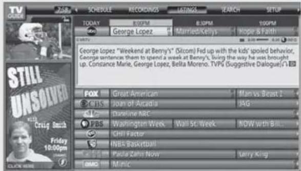 TV SCHEDULE RECORDINGS LATINGS SEARCH SETUP TODAY 8:00PM 8:00PM 100PM George Lopez Married/Kelery People & Faith George Lopez "Weekend at Benny's" (Stcom) Fid up with the kids' spoiled behavior, George sentence them to spend a week at Benny's. Living the way he was brought up. Constance Marie, George Lopez, Bella Moreno. TVPS (Suggestive Dialogue) FOX Great American Man vs Beast 2 CBS Joan of Arcadia JAG Baseline NBC PBS Washington Week Wall St Week NOW With Ball... Chill Factor NBA Basketball Panda Zahra Now Larry King GMO Music