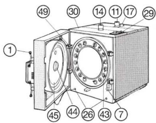 Technical diagram of a mechanical device with numbered components for identification