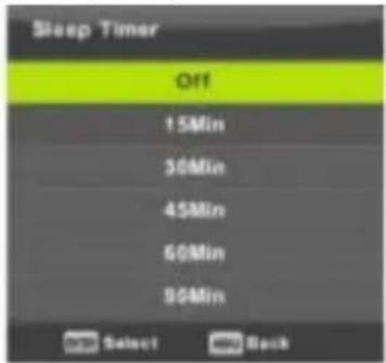 Sleep Timer Off 15Min 30Min 45Min 60Min 90Min Select Back