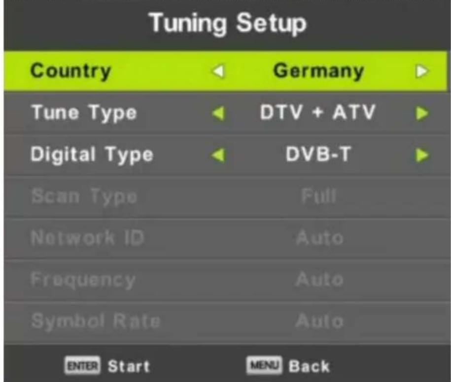 Tuning Setup Country Germany Tune Type DTV + ATV Digital Type DVB-T Scan Type Full Network ID Auto Frequency Auto Symbol Rate Auto ENTER Start MENU Back