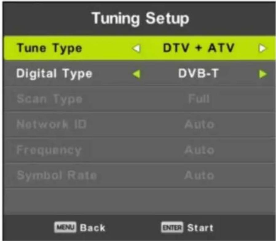 Tuning Setup Tune Type DTV + ATV Digital Type DVB-T Scan Type Full Network ID Auto Frequency Auto Symbol Rate Auto MENU Back ENTER Start