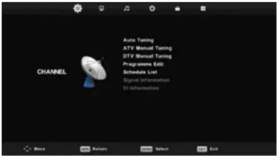 CHANNEL Auto Tuning ATV Manual Tuning DTV Manual Tuning Programme Edit Schedule List Signal Information CI Information