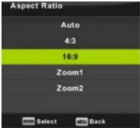 Aspect Ratio Auto 4:3 16:9 Zoom1 Zoom2 OK Select MAX Back