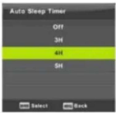 Auto Sleep Timer Off 3H 4H 5H Select Back