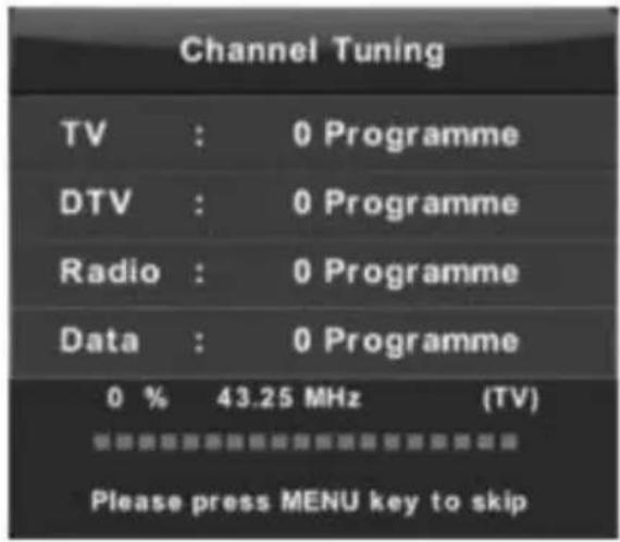 Channel Tuning TV : 0 Programme DTV : 0 Programme Radio : 0 Programme Data : 0 Programme 0 % 43.25 MHz (TV) Please press MENU key to skip