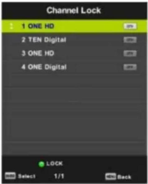 Channel Lock 1 ONE HD 2 TEN Digital 3 ONE HD 4 ONE Digital LOCK Select 1/1 Back