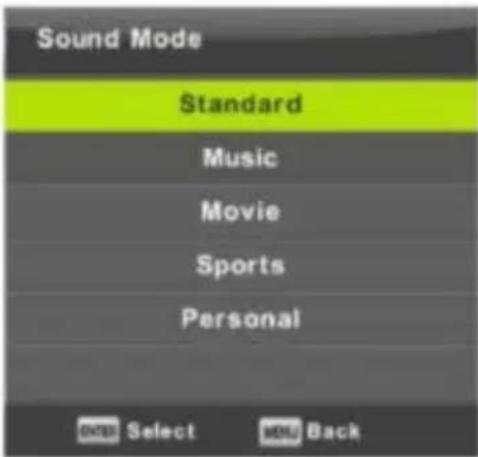 Sound Mode Standard Music Movie Sports Personal OK Select OK Back