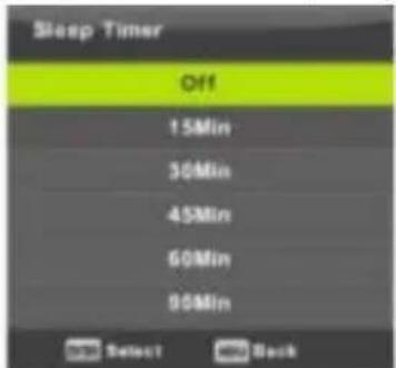 Sleep Timer Off 15Min 30Min 45Min 60Min 90Min Select Back