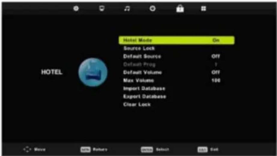 Hotel Mode On Source Lock Default Source Off Default Prog ↑ Default Volume Off Max Volume 100 Import Database Export Database Clear Lock