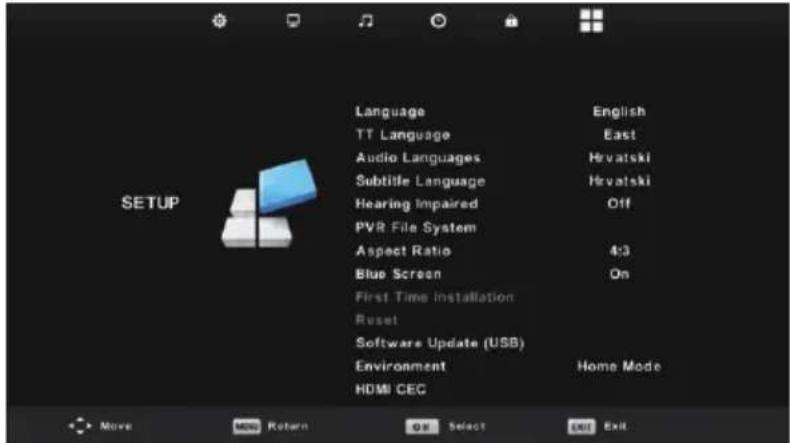 Language English TT Language East Audio Languages Hrvatski Subtitle Language Hrvatski Hearing Impaired Off PVR File System Aspect Ratio 4:3 Blue Screen On First Time Installation Reset Software Update (USB) Environment Home Mode HDMI CEC SETUP Move More Return OK Select Exit Exit