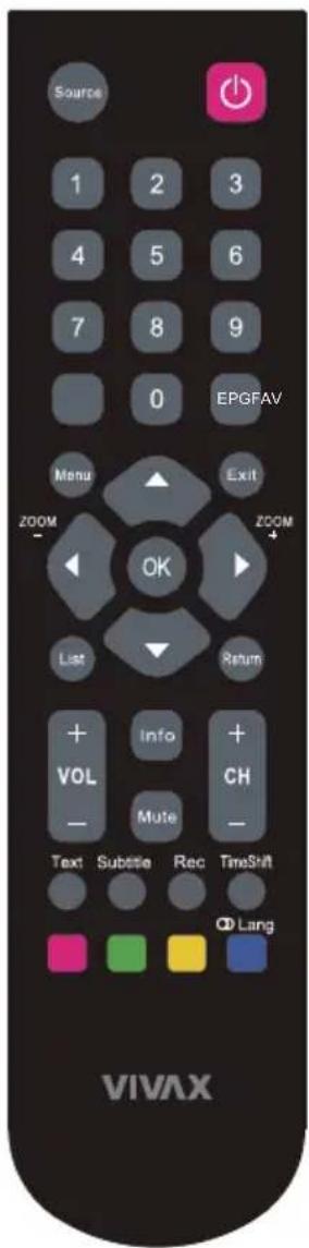 Source 1 2 3 4 5 6 7 8 9 0 EPGFAV Menu ZOOM OK Exit ZOOM + List Return + VOL Info Mute + CH - Text Subste Rec TimeShift OD Lang VIVAX