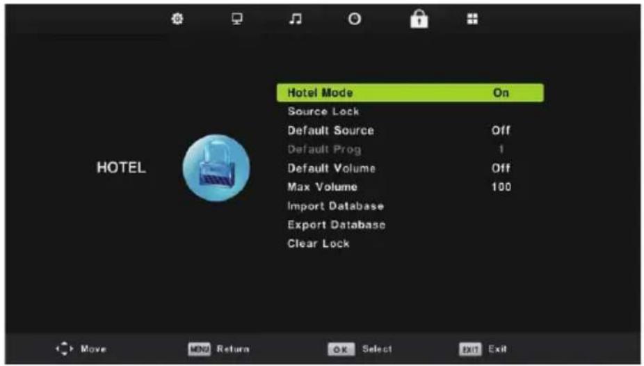 Hotel Mode On Source Lock Default Source Off Default Prog 1 Default Volume Off Max Volume 100 Import Database Export Database Clear Lock