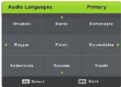 Audio Languages Primary Hrvatski Norsk Româneşte Magyar Polski Sloveničina Nederlands Russian Srpski OK Select MENU Back