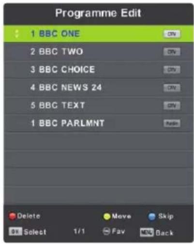 Programme Edit 1 BBC ONE 2 BBC TWO 3 BBC CHOICE 4 BBC NEWS 24 5 BBC TEXT 1 BBC PARLMNT Delete Move Skip Select 1/1 Fav Back
