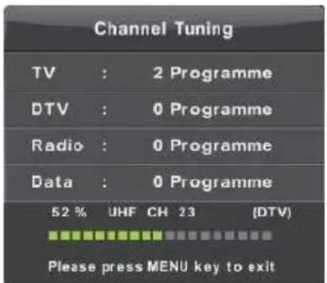 Channel Tuning TV : 2 Programme DTV : 0 Programme Radio : 0 Programme Data : 0 Programme 52 % UHF CH 23 (DTV) Please press MENU key to exit