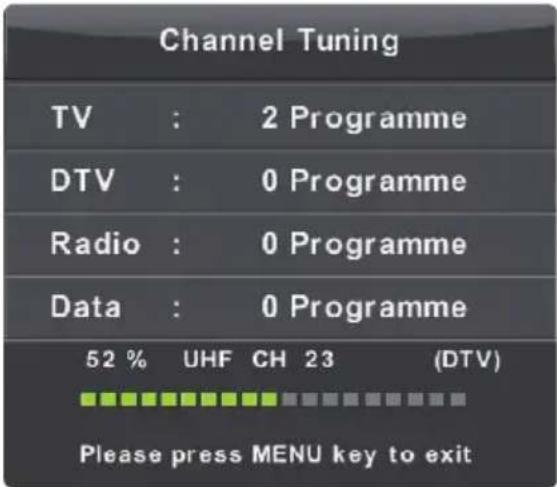 Channel Tuning TV : 2 Programme DTV : 0 Programme Radio : 0 Programme Data : 0 Programme 52 % UHF CH 23 (DTV) Please press MENU key to exit