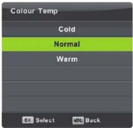 Colour Temp Cold Normal Warm OK Select MENU Back