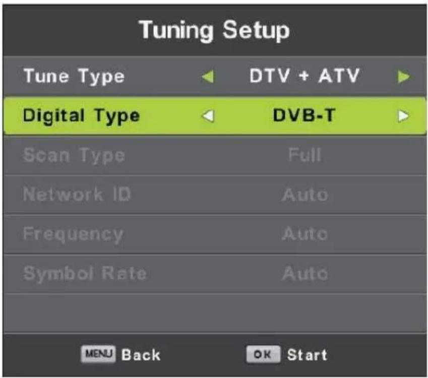 Tuning Setup Tune Type DTV + ATV Digital Type DVB-T Scan Type Full Network ID Auto Frequency Auto Symbol Rate Auto MENU Back OK Start