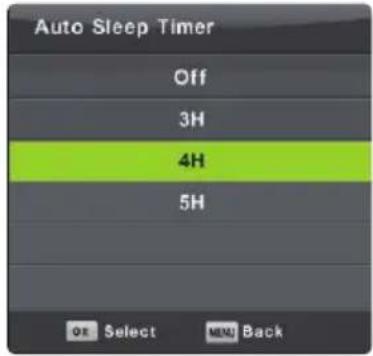 Auto Sleep Timer Off 3H 4H 5H OK Select Forward Back