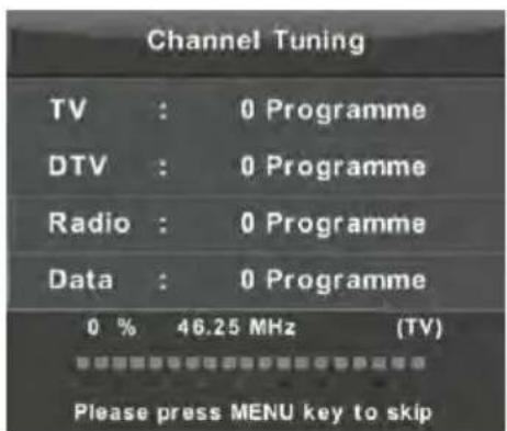 Channel Tuning TV : 0 Programme DTV : 0 Programme Radio : 0 Programme Data : 0 Programme 0 % 46.25 MHz (TV) Please press MENU key to skip