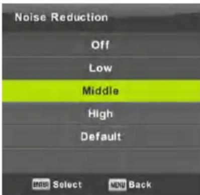 Noise Reduction Off Low Middle High Default ENTER Select MENU Back