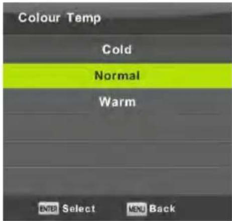 Colour Temp Cold Normal Warm ENTER Select MENU Back