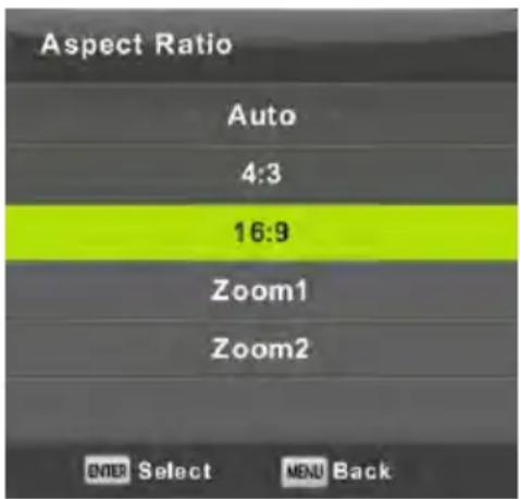 Aspect Ratio Auto 4:3 16:9 Zoom1 Zoom2 ENTER Select MENU Back
